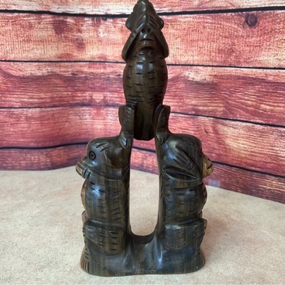 Hand Carved Hardwood 3 Wise Monkeys - Hear, See, Speak No Evil Statue Totem